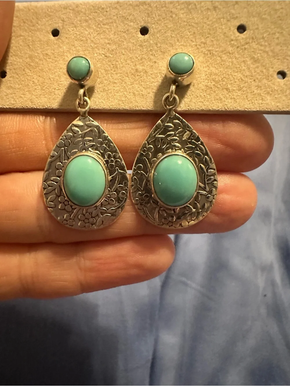 Turquoise Teardrop Silver Floral Drop Earrings - Women Jewelry